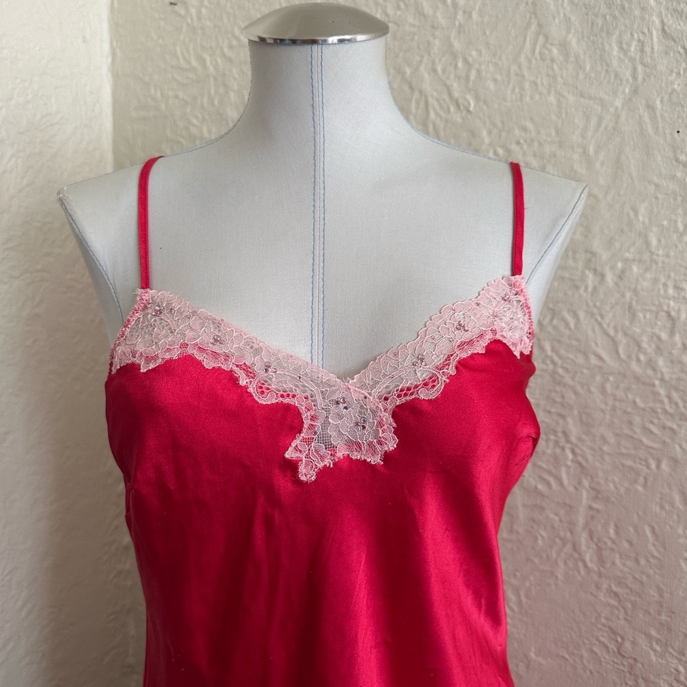 Victoria’s Secret Red Satin Lace Trim Pink Crystal Accents Slip Medium - Picture 5 of 9